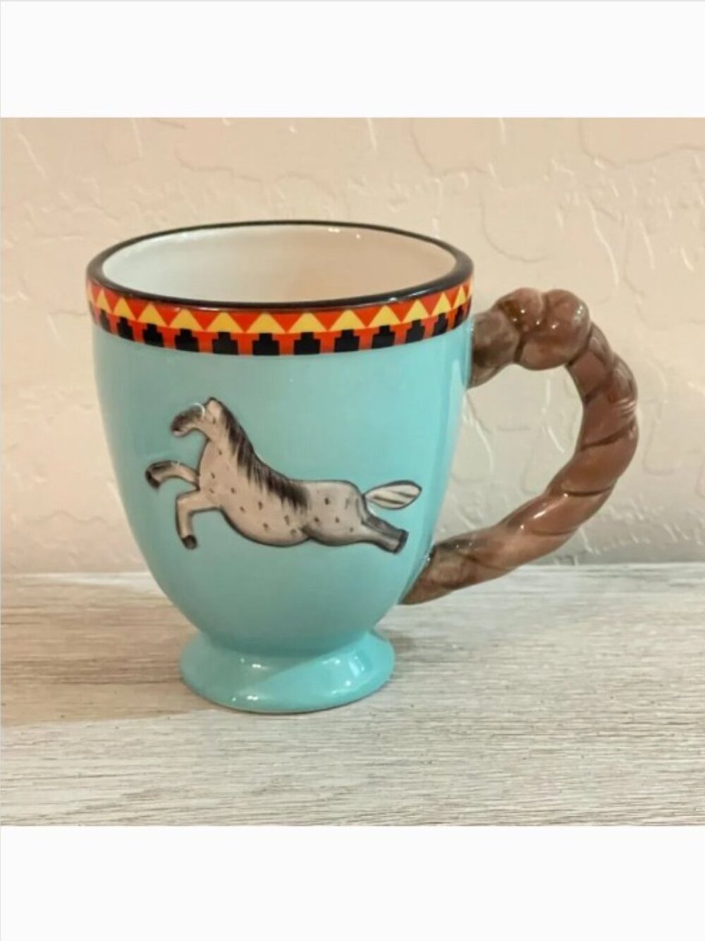 Cracker Barrel Mug Cup Western Southwest Blue Horse Pony Rope Handle Stoneware